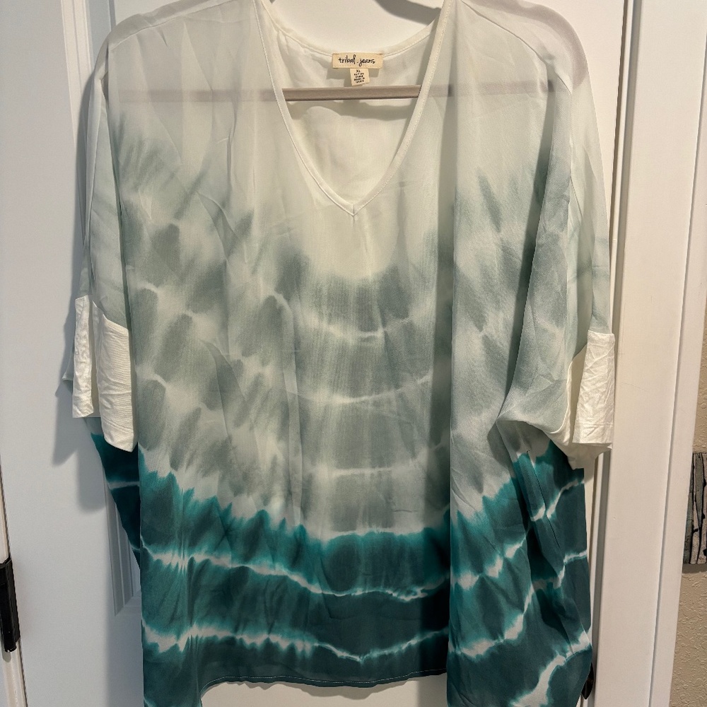 Tribal Jeans Sheer Tie Dye Dip Kaftan blouse sz XL Ocean sea